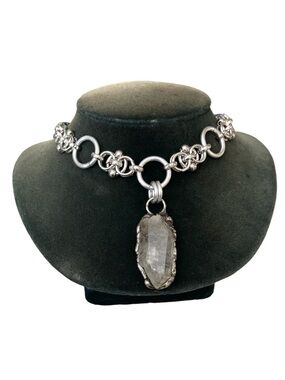 Smoky herkimer diamond crystal on handmade Celtic knot maille steel chain